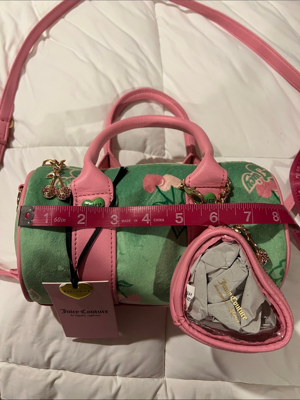 Juicy Couture Green Barrel Bag with Pink Trim & Cherry Charm